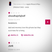 A kid left a review that reads "dad and mommy love this phone but they suck toes for a living"